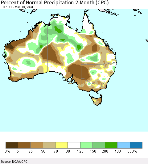 Australia Percent of Normal Precipitation 2-Month (CPC) Thematic Map For 1/11/2024 - 3/10/2024