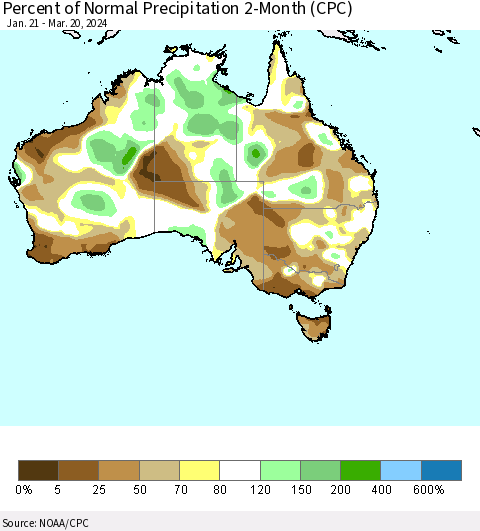 Australia Percent of Normal Precipitation 2-Month (CPC) Thematic Map For 1/21/2024 - 3/20/2024