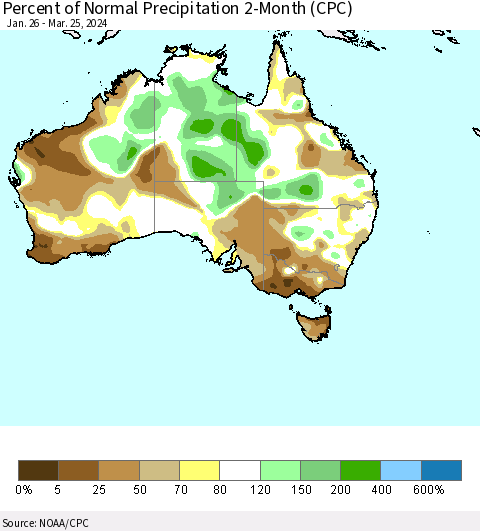 Australia Percent of Normal Precipitation 2-Month (CPC) Thematic Map For 1/26/2024 - 3/25/2024