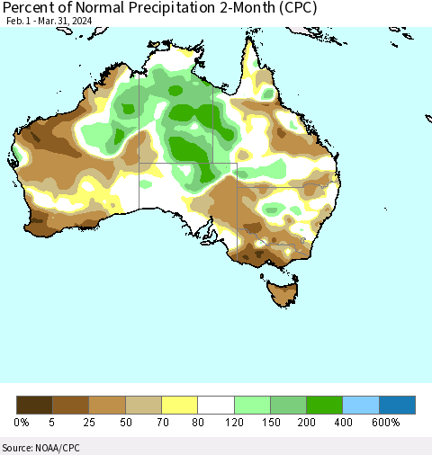 Australia Percent of Normal Precipitation 2-Month (CPC) Thematic Map For 2/1/2024 - 3/31/2024
