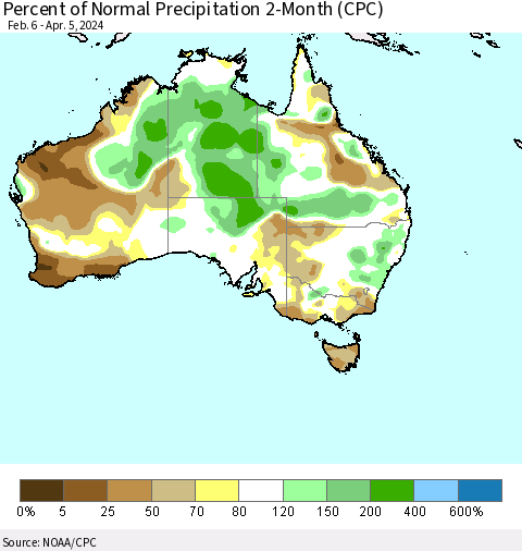 Australia Percent of Normal Precipitation 2-Month (CPC) Thematic Map For 2/6/2024 - 4/5/2024