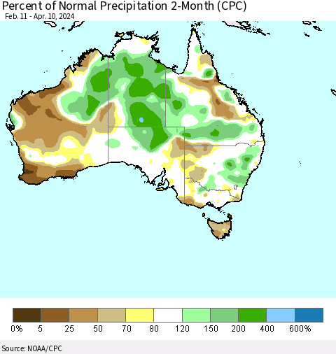 Australia Percent of Normal Precipitation 2-Month (CPC) Thematic Map For 2/11/2024 - 4/10/2024