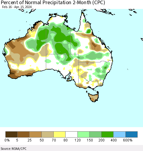 Australia Percent of Normal Precipitation 2-Month (CPC) Thematic Map For 2/16/2024 - 4/15/2024