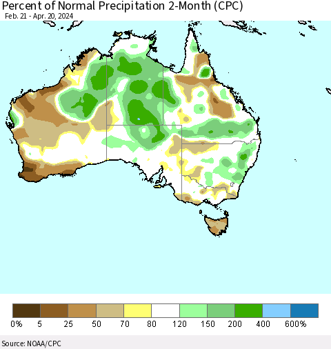 Australia Percent of Normal Precipitation 2-Month (CPC) Thematic Map For 2/21/2024 - 4/20/2024