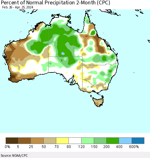 Australia Percent of Normal Precipitation 2-Month (CPC) Thematic Map For 2/26/2024 - 4/25/2024