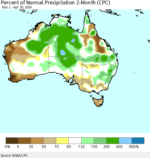 Australia Percent of Normal Precipitation 2-Month (CPC) Thematic Map For 3/1/2024 - 4/30/2024