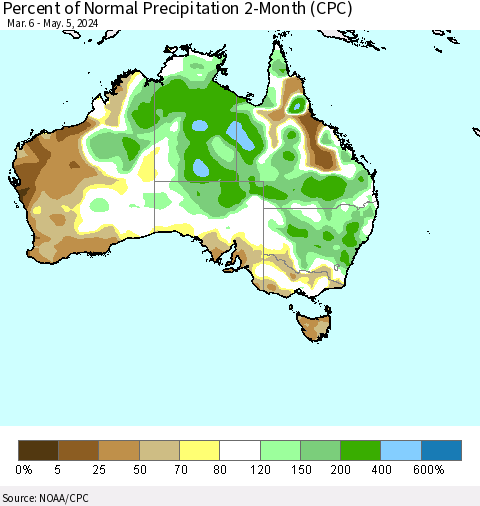 Australia Percent of Normal Precipitation 2-Month (CPC) Thematic Map For 3/6/2024 - 5/5/2024
