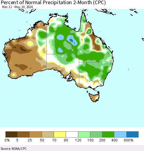 Australia Percent of Normal Precipitation 2-Month (CPC) Thematic Map For 3/11/2024 - 5/10/2024
