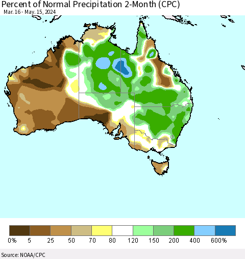 Australia Percent of Normal Precipitation 2-Month (CPC) Thematic Map For 3/16/2024 - 5/15/2024
