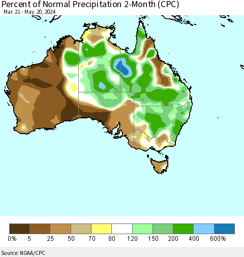 Australia Percent of Normal Precipitation 2-Month (CPC) Thematic Map For 3/21/2024 - 5/20/2024