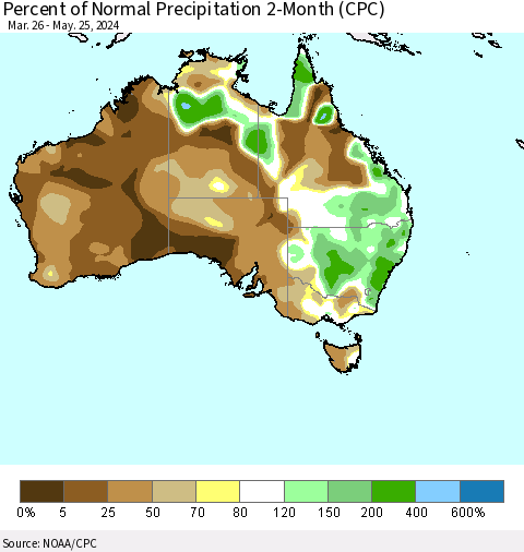 Australia Percent of Normal Precipitation 2-Month (CPC) Thematic Map For 3/26/2024 - 5/25/2024