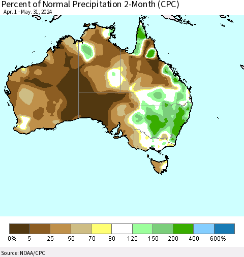 Australia Percent of Normal Precipitation 2-Month (CPC) Thematic Map For 4/1/2024 - 5/31/2024