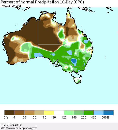Australia Percent of Normal Precipitation 10-Day (CPC) Thematic Map For 11/11/2021 - 11/20/2021