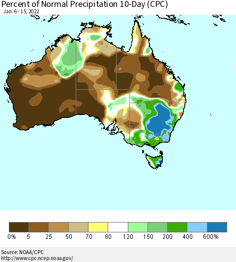 Australia Percent of Normal Precipitation 10-Day (CPC) Thematic Map For 1/6/2022 - 1/15/2022