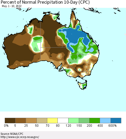 Australia Percent of Normal Precipitation 10-Day (CPC) Thematic Map For 5/1/2022 - 5/10/2022