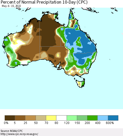 Australia Percent of Normal Precipitation 10-Day (CPC) Thematic Map For 5/6/2022 - 5/15/2022