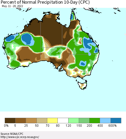 Australia Percent of Normal Precipitation 10-Day (CPC) Thematic Map For 5/11/2022 - 5/20/2022