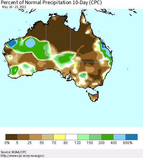 Australia Percent of Normal Precipitation 10-Day (CPC) Thematic Map For 5/16/2022 - 5/25/2022