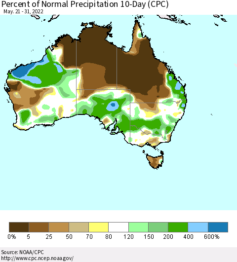Australia Percent of Normal Precipitation 10-Day (CPC) Thematic Map For 5/21/2022 - 5/31/2022