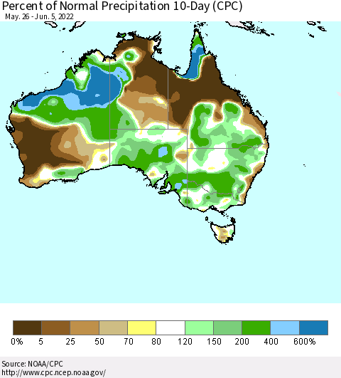 Australia Percent of Normal Precipitation 10-Day (CPC) Thematic Map For 5/26/2022 - 6/5/2022