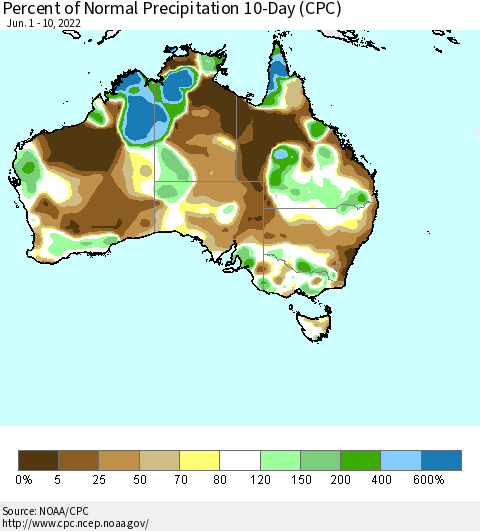 Australia Percent of Normal Precipitation 10-Day (CPC) Thematic Map For 6/1/2022 - 6/10/2022