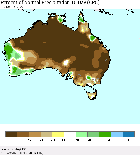 Australia Percent of Normal Precipitation 10-Day (CPC) Thematic Map For 6/6/2022 - 6/15/2022
