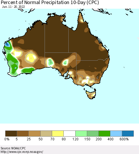 Australia Percent of Normal Precipitation 10-Day (CPC) Thematic Map For 6/11/2022 - 6/20/2022
