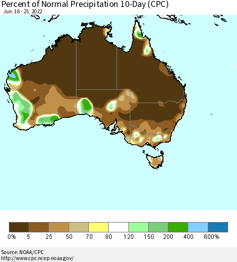 Australia Percent of Normal Precipitation 10-Day (CPC) Thematic Map For 6/16/2022 - 6/25/2022