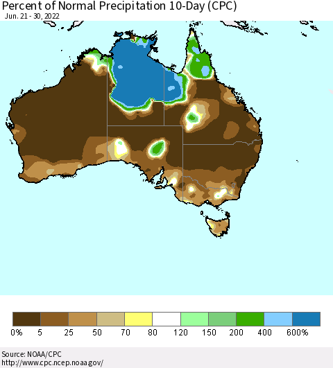 Australia Percent of Normal Precipitation 10-Day (CPC) Thematic Map For 6/21/2022 - 6/30/2022
