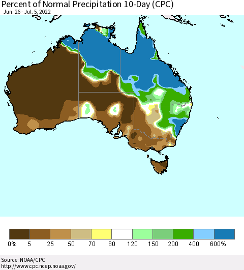 Australia Percent of Normal Precipitation 10-Day (CPC) Thematic Map For 6/26/2022 - 7/5/2022