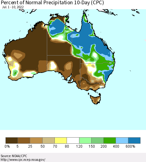 Australia Percent of Normal Precipitation 10-Day (CPC) Thematic Map For 7/1/2022 - 7/10/2022