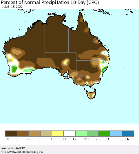 Australia Percent of Normal Precipitation 10-Day (CPC) Thematic Map For 7/6/2022 - 7/15/2022