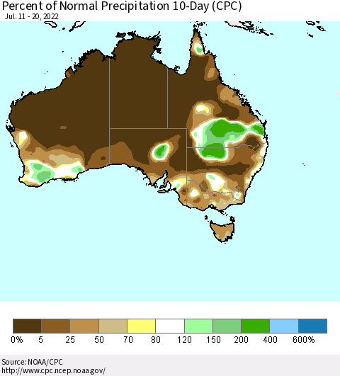 Australia Percent of Normal Precipitation 10-Day (CPC) Thematic Map For 7/11/2022 - 7/20/2022