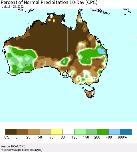 Australia Percent of Normal Precipitation 10-Day (CPC) Thematic Map For 7/16/2022 - 7/25/2022