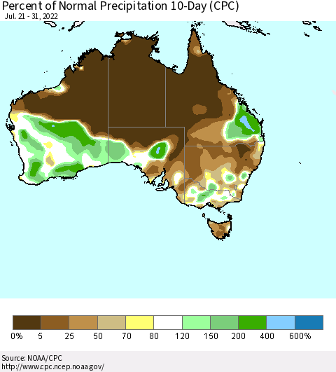 Australia Percent of Normal Precipitation 10-Day (CPC) Thematic Map For 7/21/2022 - 7/31/2022