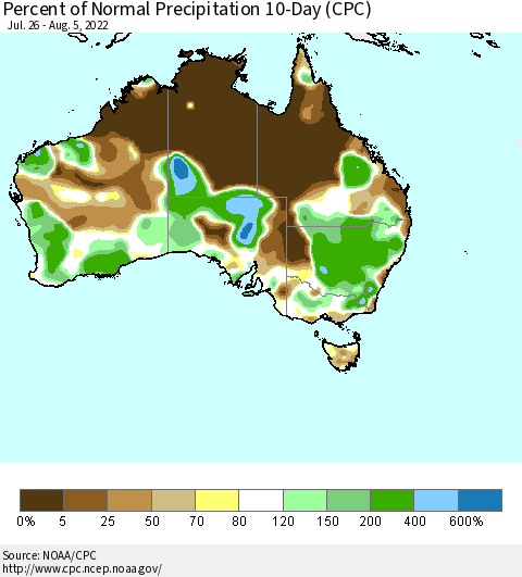 Australia Percent of Normal Precipitation 10-Day (CPC) Thematic Map For 7/26/2022 - 8/5/2022
