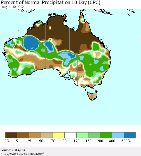 Australia Percent of Normal Precipitation 10-Day (CPC) Thematic Map For 8/1/2022 - 8/10/2022