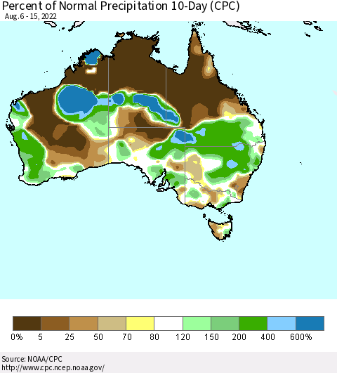 Australia Percent of Normal Precipitation 10-Day (CPC) Thematic Map For 8/6/2022 - 8/15/2022