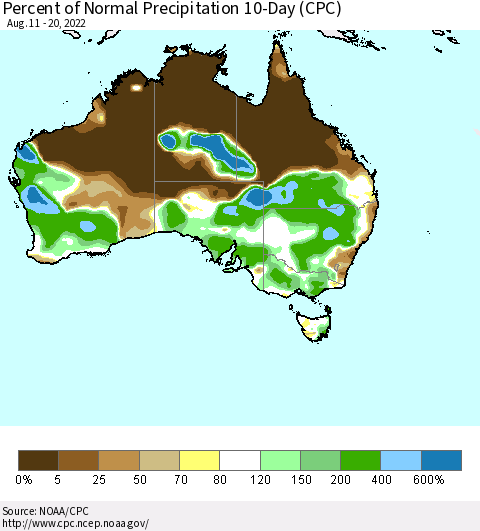 Australia Percent of Normal Precipitation 10-Day (CPC) Thematic Map For 8/11/2022 - 8/20/2022