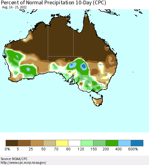 Australia Percent of Normal Precipitation 10-Day (CPC) Thematic Map For 8/16/2022 - 8/25/2022