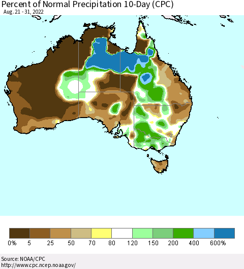 Australia Percent of Normal Precipitation 10-Day (CPC) Thematic Map For 8/21/2022 - 8/31/2022