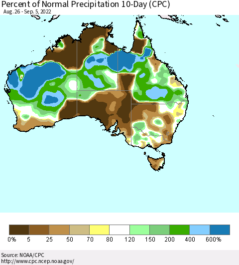 Australia Percent of Normal Precipitation 10-Day (CPC) Thematic Map For 8/26/2022 - 9/5/2022
