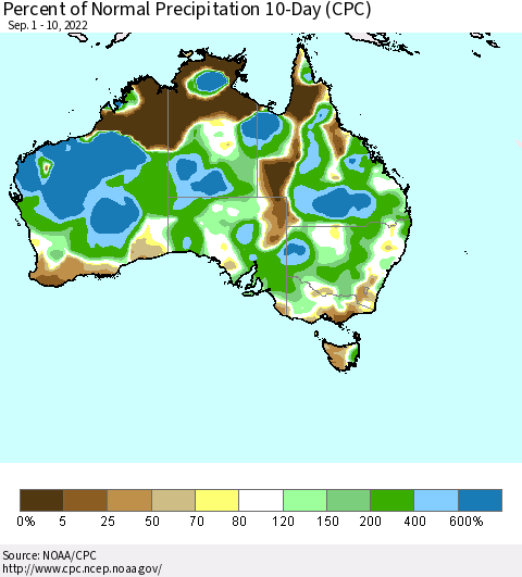 Australia Percent of Normal Precipitation 10-Day (CPC) Thematic Map For 9/1/2022 - 9/10/2022