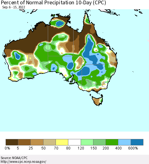 Australia Percent of Normal Precipitation 10-Day (CPC) Thematic Map For 9/6/2022 - 9/15/2022