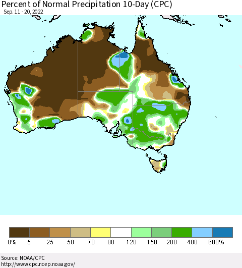 Australia Percent of Normal Precipitation 10-Day (CPC) Thematic Map For 9/11/2022 - 9/20/2022