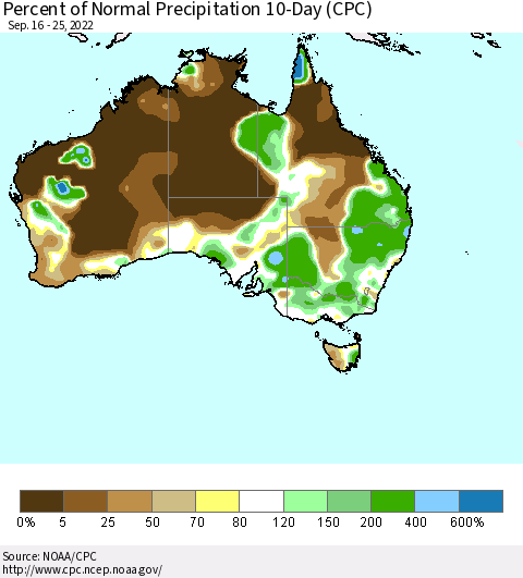 Australia Percent of Normal Precipitation 10-Day (CPC) Thematic Map For 9/16/2022 - 9/25/2022