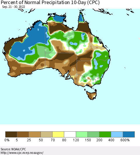 Australia Percent of Normal Precipitation 10-Day (CPC) Thematic Map For 9/21/2022 - 9/30/2022