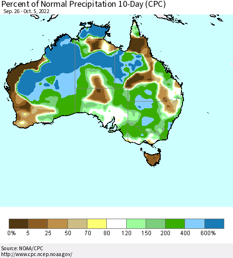 Australia Percent of Normal Precipitation 10-Day (CPC) Thematic Map For 9/26/2022 - 10/5/2022