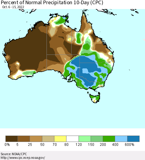 Australia Percent of Normal Precipitation 10-Day (CPC) Thematic Map For 10/6/2022 - 10/15/2022