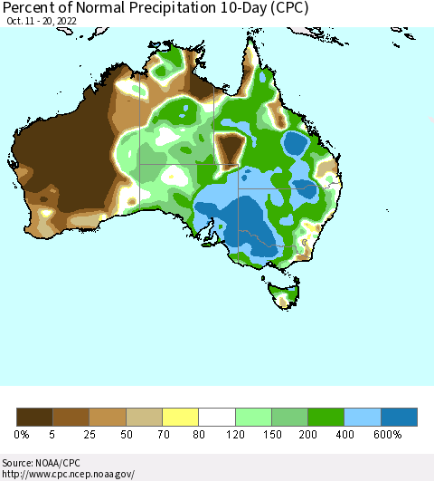 Australia Percent of Normal Precipitation 10-Day (CPC) Thematic Map For 10/11/2022 - 10/20/2022